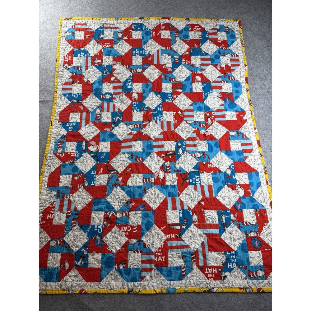 Dr. Suess Cat In The Hat Handmade Crib Tummy Time  Double Sided Churn Dash Quilt